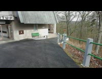 Girl follows small black pig outside building