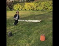 Boy plays with dog in backyard