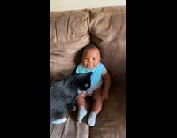 Cat gets comfortable with little baby on couch