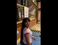 Woman hits bullseye in axe throwing range and is surprised