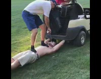 NSFW Shirtless Guy Dragged By Golf Cart Beer Poured In Mouth