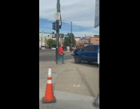 Girl sit front hood blue pickup truck