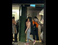 Giant dinosaur dance at the subway train in NY 