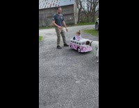 Dad chases baby in pink VW bus car 