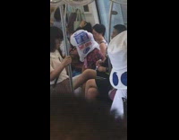 woman white bag on head