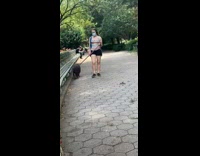 Girl walks black pig purple harness park 