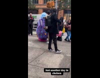 Purple furby roams around the 26th street