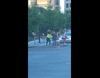 Little girl diva fashionista with bags walk road video shoot