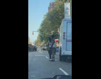 Couple ride same skateboard guy holds package 