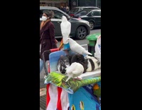 Bunch of pets surrounding sidewalk cart 