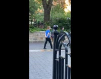 Guy walks at park with horse head on 