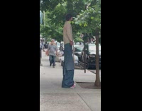 Stilt guy looks at tree 