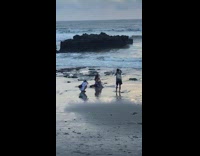 Woman dress sit on rock beach windy