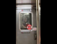 Person hangs upside down on subway handrails
