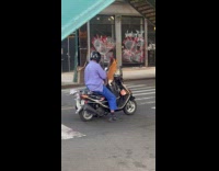 Man with cat wearing gold chains on motorcycle 