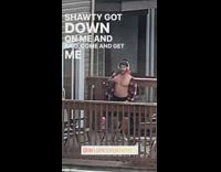 Guy open checkered sleeves headphones dance balcony