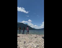 Three girls dance tiktok near lake jumpsuit