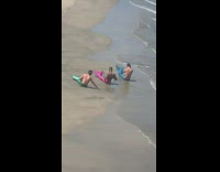 Three guys mermaid tail dance routine beach