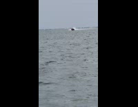 Red boat speeds past on lake