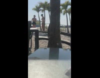 Woman black white bikini between small trees