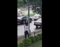 Person walks plastic bag over hair rain 