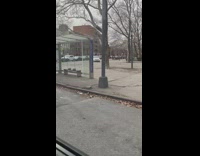 Guy driving small car on sidewalk next to park