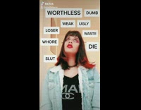 Girl reads mean words denim jacket worthless