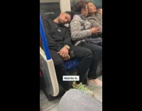 Guy pretends to fall asleep on lady 