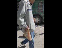 White dog on skateboard blue sweater hat