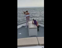 Woman white outfit half cut butt boat