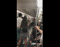 Pt. 2 Guy yellow shorts red durag flips hat onto head and dnaces on subway train