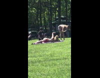 Bikini girl towel grass peace sign kid