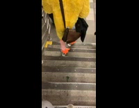 Person dressed as chicken waits for subway
