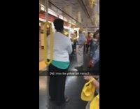 Everyone wears same yellow hats on subway 