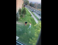 Girl white shirt raise arm feet apart