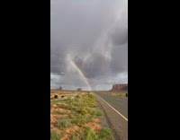 Man Shows Rainbow at End of Road Horizon