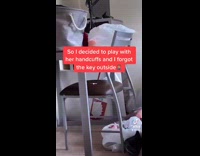 Guy accidentally handcuffs himself to closet shelf