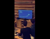 Guys watch stock chart on television screen 