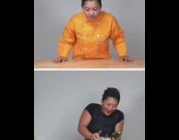 Woman throws zucchinis un and down camera frame yellow chef coat 