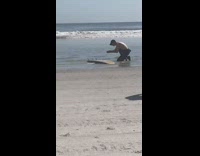 Shirtless guy take picture surfboard beach waves