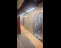 Broken pipes splash water inside train station