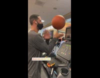 Collab Harlem Globetrotters - Guy spins basketball while walking on treadmill