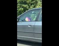 Man drives and a purple underwear on the steering wheel