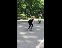 Guy rollerblades with three water bottles on his head to I got the Power song