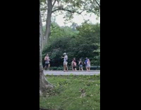 White hat guy runs sideways moves arms 