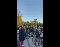 People wear face mask costume dance park