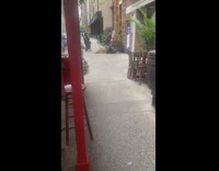Guy plays red electric guitar on sidewalk 