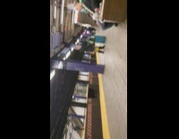Collab Subway Creatures - Old woman blue luggage talks to herself in subway station
