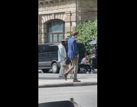 Guy walks brown and white goat wearing leash 
