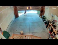 Delivery man slides package hits head on garage gate